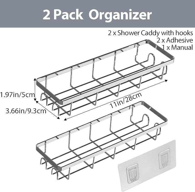 Shower Caddy Organizer with Hooks, Self Adhesive Bathroom Shelves, No Drilling - Image 3
