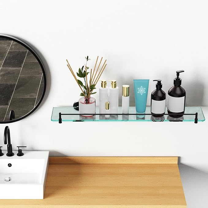 24 Inch Glass Bathroom Shelves, Matte Black Floating Shelves - Image 2