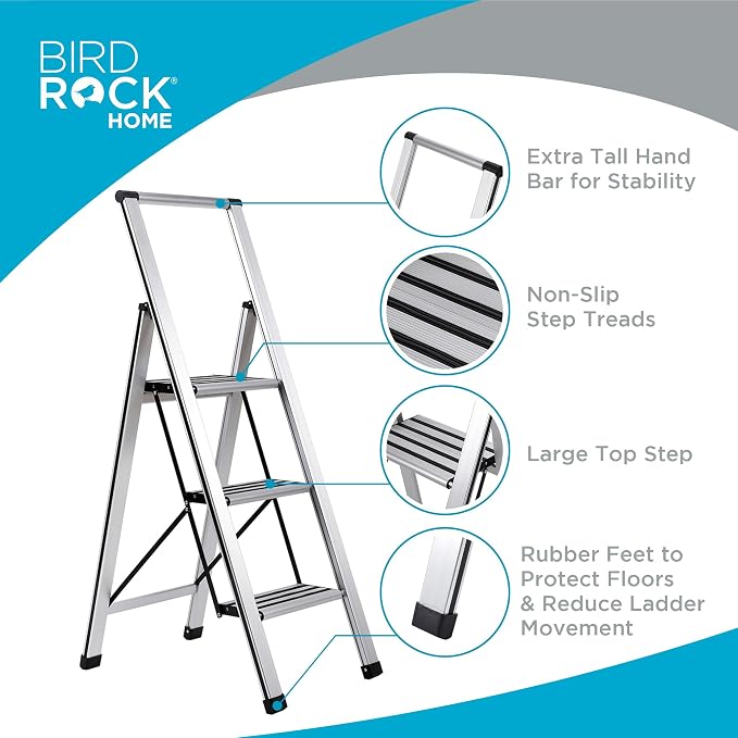BIRDROCK HOME 3 Step Ladder | Folding Anti-Slip Step Stool, 250 lb Capacity | - Image 2