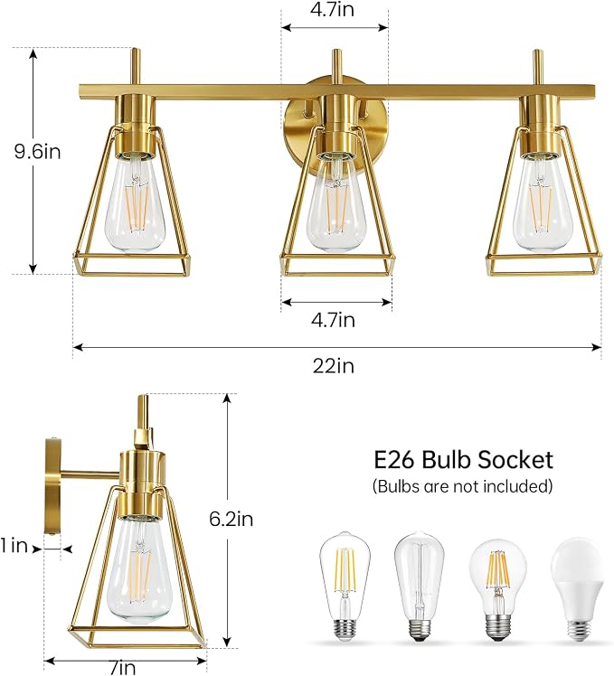 Industrial Bathroom Vanity Lights: 3 Lights Brushed Gold Vintage Metal Cage - Image 2