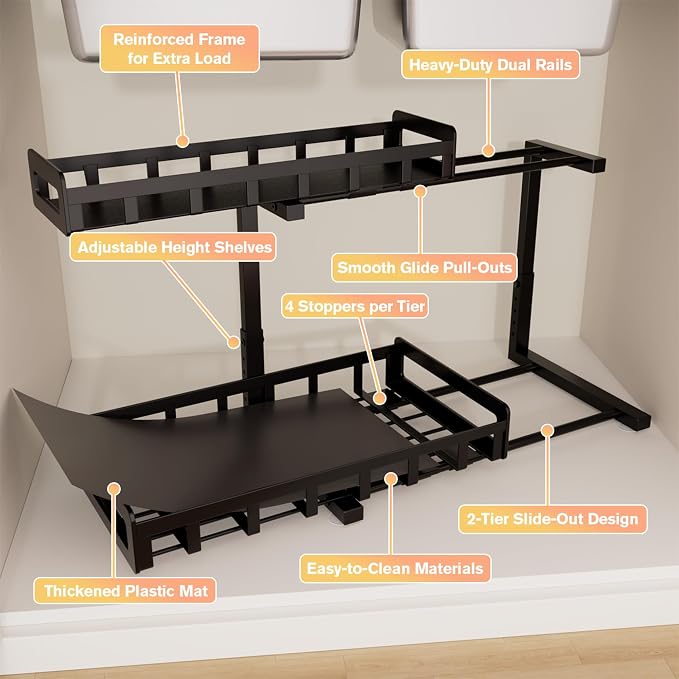 Under Sink Organizer 2 Pack, Metal Large Capacity 2-Tier Sliding Cabinet - Image 3