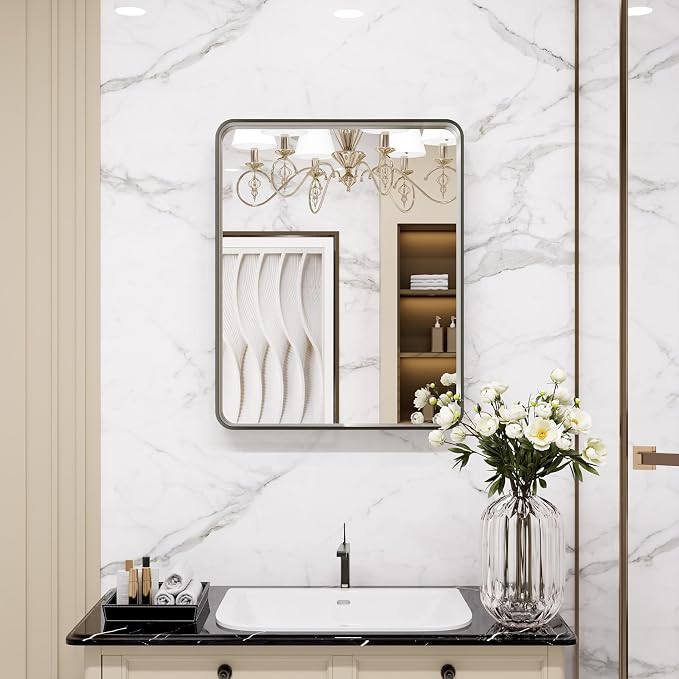 LOAAO 20x16 Inch Brushed Nickel Bathroom Mirror, Rounded Rectangle Silver Metal - Image 7