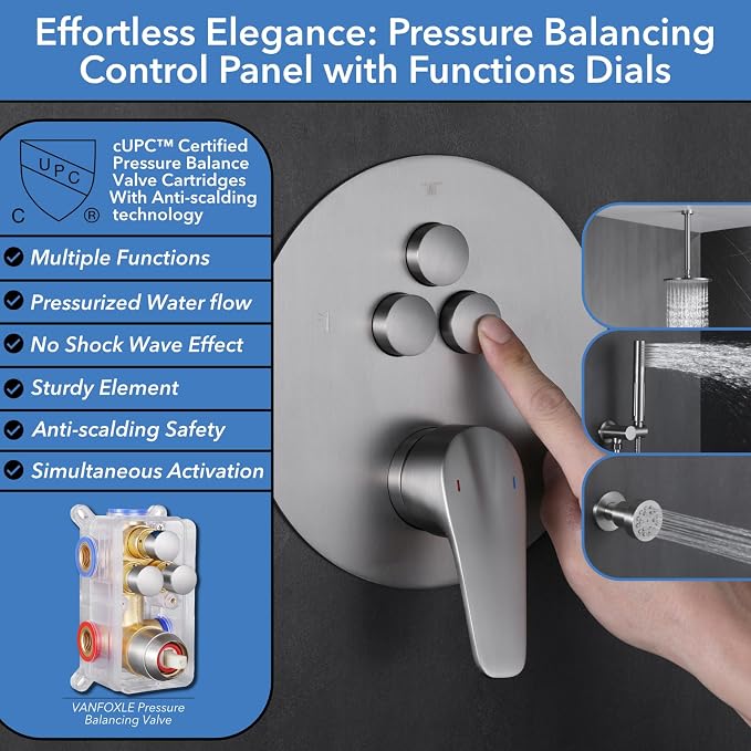 VANFOXLE Shower Faucet Set Brushed Nickel Shower System, Push Button Diverter - Image 4