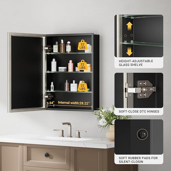 30x26 Pre-Assembled Bathroom Medicine Cabinet Mirror, Surface or Recessed - Image 7