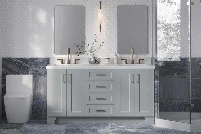 ARIEL Taylor 67" Grey Double Vanity, 1.5" Edge Pure White Quartz Countertop & - Image 2