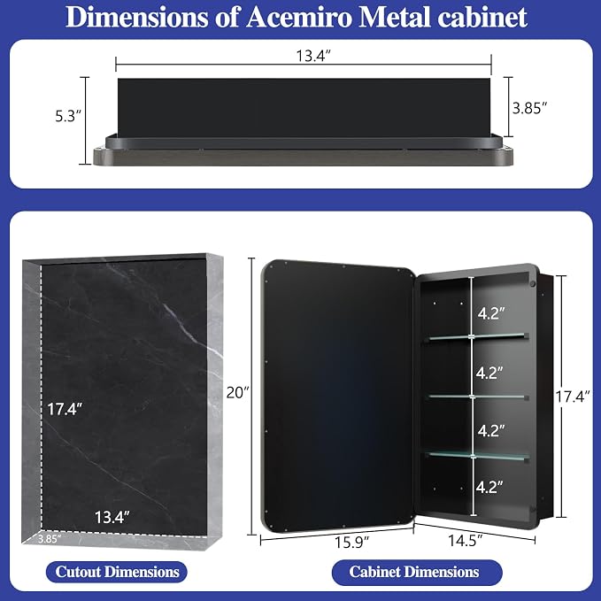 Bathroom Medicine Cabinet with 16"x20" Stainless Steel Framed Mirror, Recessed - Image 2