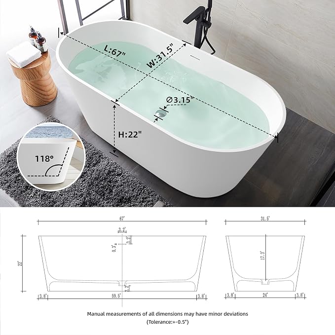 67'' Flatbottom Bathtub Solid Surface Freestanding Bathtub Matte Bathroom - Image 4