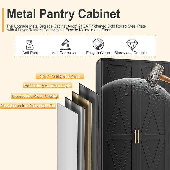 61" H Metal Kitchen Pantry Storage Cabinet, Freestanding Cupboard - Image 5