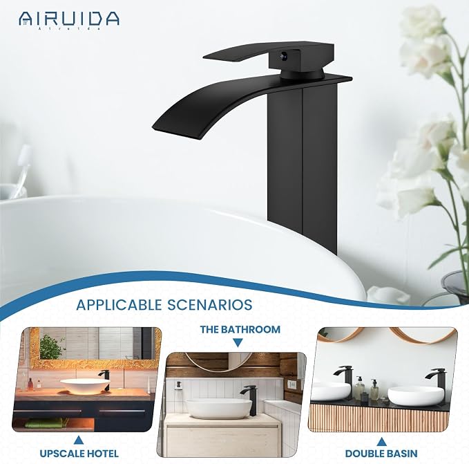 Airuida Vessel Sink Faucet Matte Black, Tall Waterfall Bathroom Faucet - Image 5