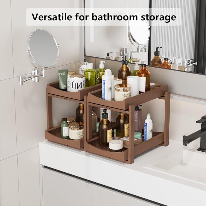 Bamboo Under Sink Organizer Adjustable Height 2 Tier Bathroom Organizer Pull - Image 7