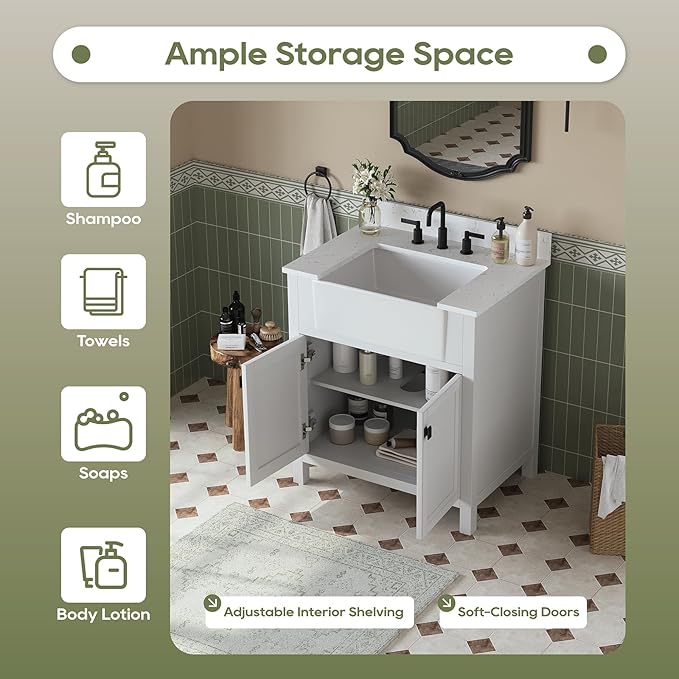 30 Inch Bathroom Vanity with Sink, Farmhouse Single Sink Bathroom Vanity with - Image 6