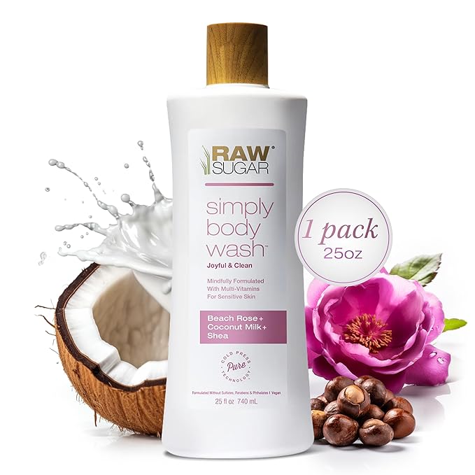RAW SUGAR Simply Body Wash, Beach Rose + Coconut Milk + Shea Sensitive Skin by RawSugar