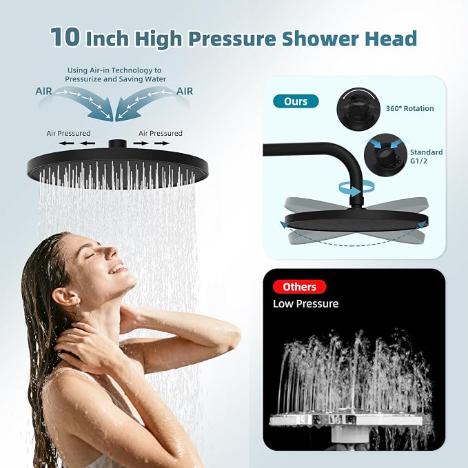 Hibbent Self-cleaning Shower Head Combo, High Pressure 10'' Rain Showerhead - Image 2
