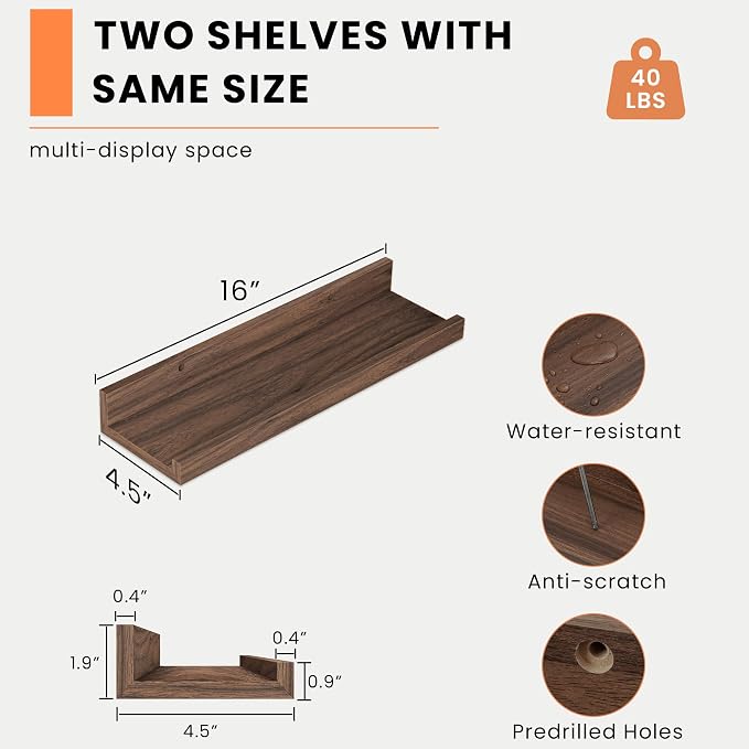Heimlove Picture Ledge Shelf, Small Floating Shelves Set of 2, 16 Inches - Image 3