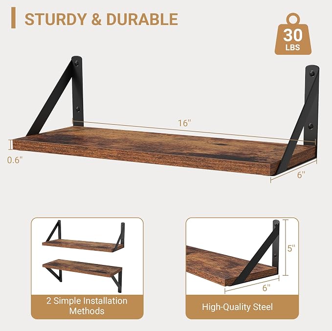 Heimlove Floating Shelves for Wall, 16 Inch Long Wood Floating Shelves Set of 3 - Image 3