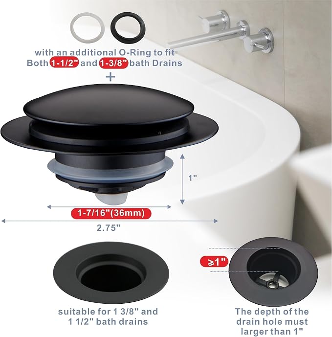 Matte Black Tub Drain Stopper, Hidrop Pop Up Universal Tub Dain Tip Toe Bathtub - Image 2