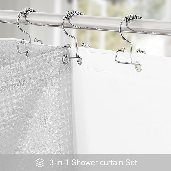 3 in 1 Extra Long Light Grey Shower Curtain Set-72 W x 84 H, Modern Waffle and - Image 2