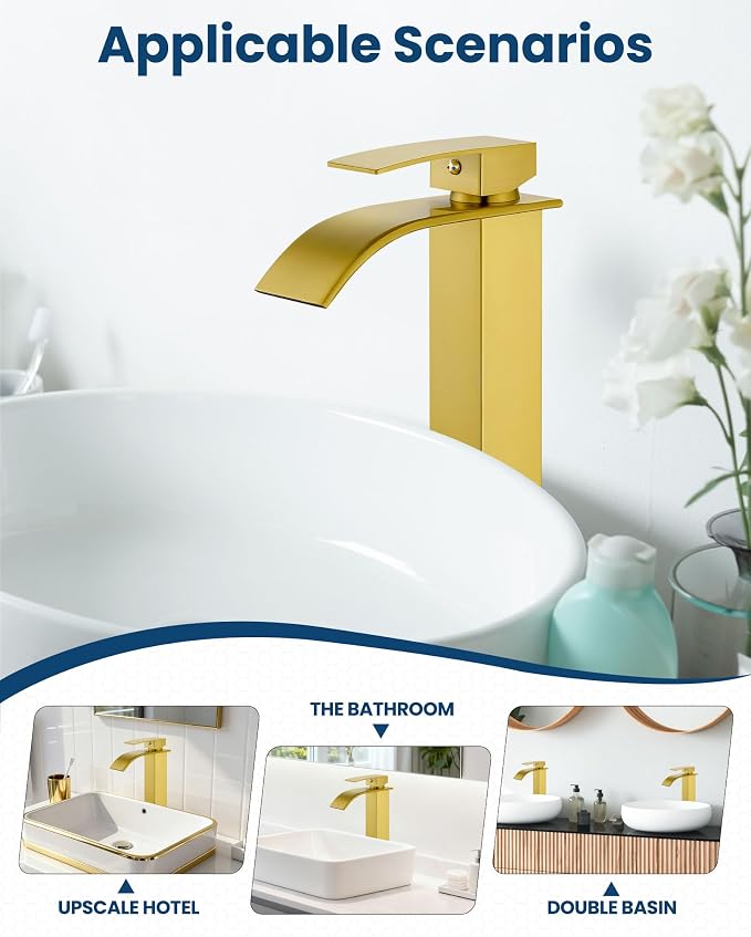 Airuida Brushed Gold Tall Waterfall Bathroom Vessel Sink Faucet Modern Bathroom - Image 5