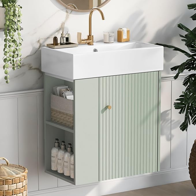 Merax 20" Green Bathroom Vanity, Wall Mounted Floating Vanity - Image 8