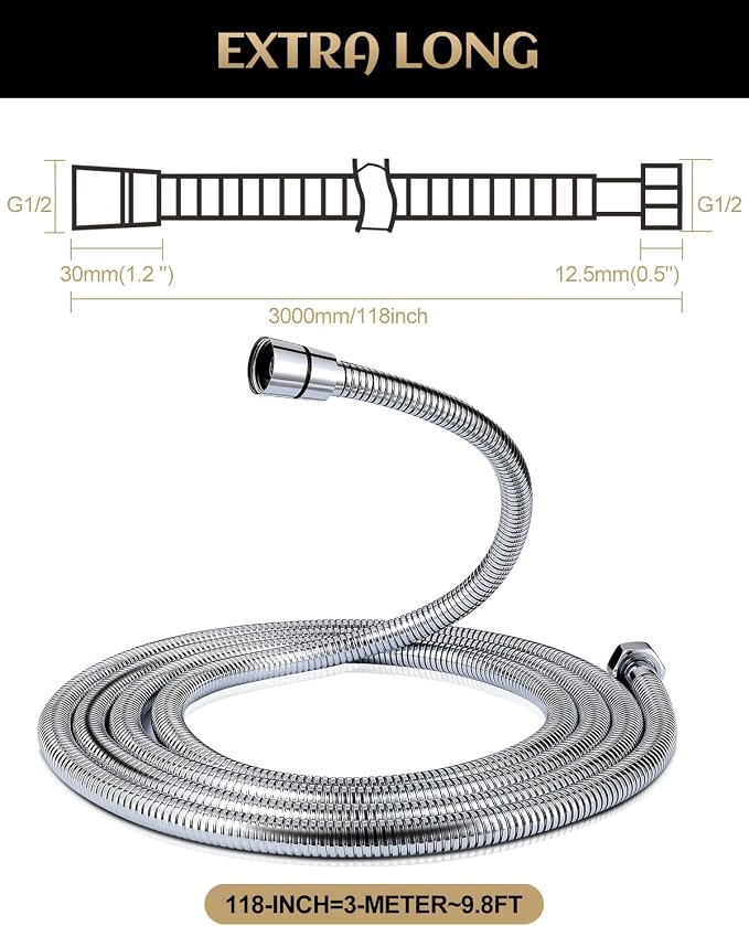 Stainless Steel Shower Hose, Extra Long 118 Inches, Handheld Shower Head Hose - Image 9