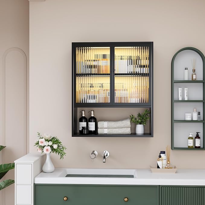 Metal Wall Cabinet with Glass Doors & LED Lights, Wall-Mounted Over-The-Toilet - Image 5