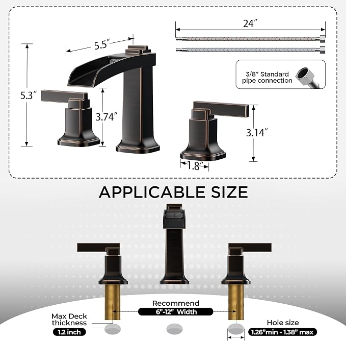 FORIOUS Brass Bathroom Faucets 3 Hole, Modern Waterfall Widespread 8 Inch Oil - Image 2