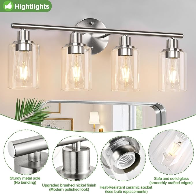 4-Light Bathroom Light Fixtures, Brushed Nickel Modern Vanity Lights Over Mirror - Image 3