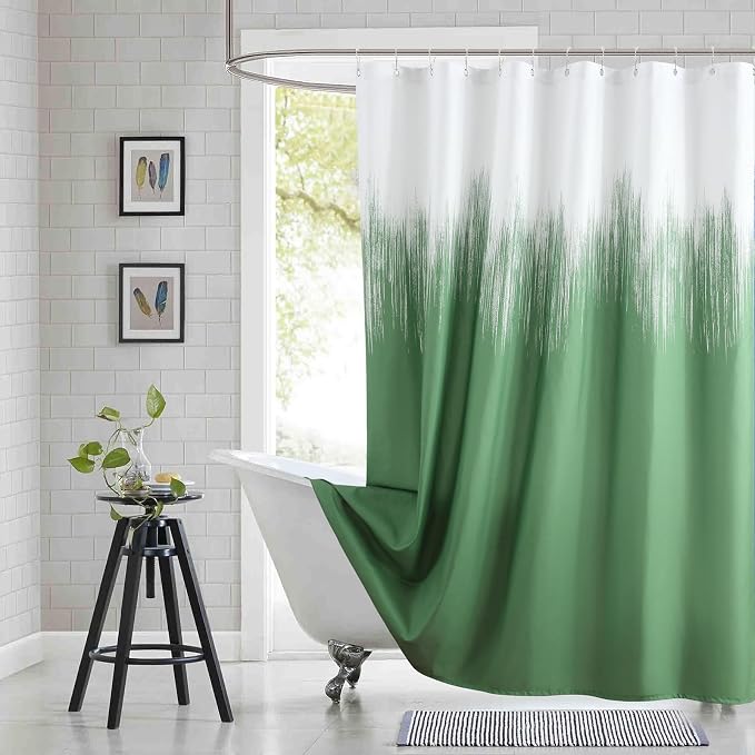 90 Inch Fabric Shower Curtain, Extra Long Green and White Ombre Shower Curtains by BESTRIPES