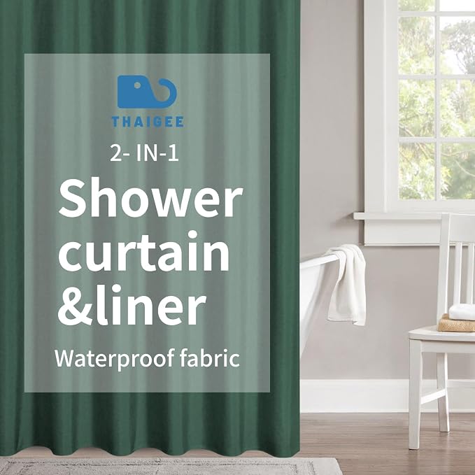2-in-1 Waterproof Fabric Shower Curtain or Liner, Linen Textured, Breathable by THAIGEE