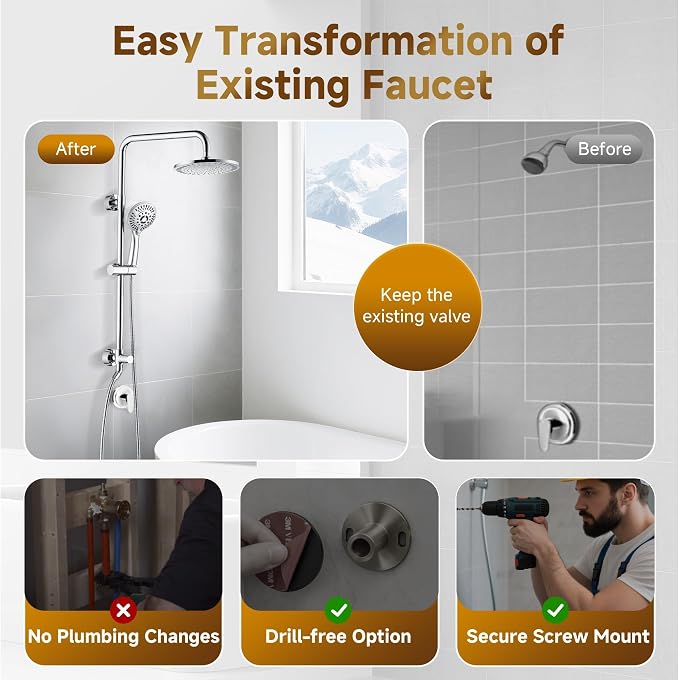 BRIGHT SHOWERS Rain Shower Heads System Including Rainfall Shower Head and - Image 5