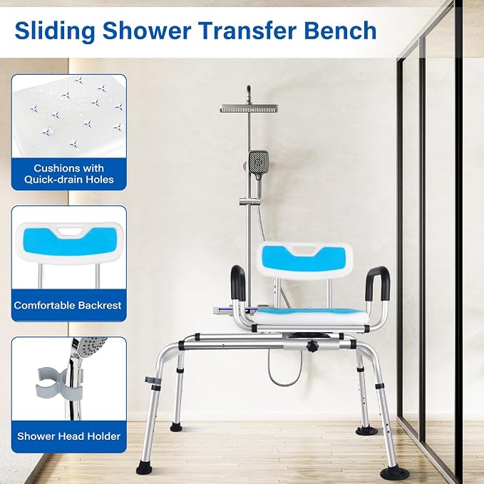 Sliding Shower Chair, Height Adjustable Tub Transfer Bench, 360° Shower Swivel - Image 5