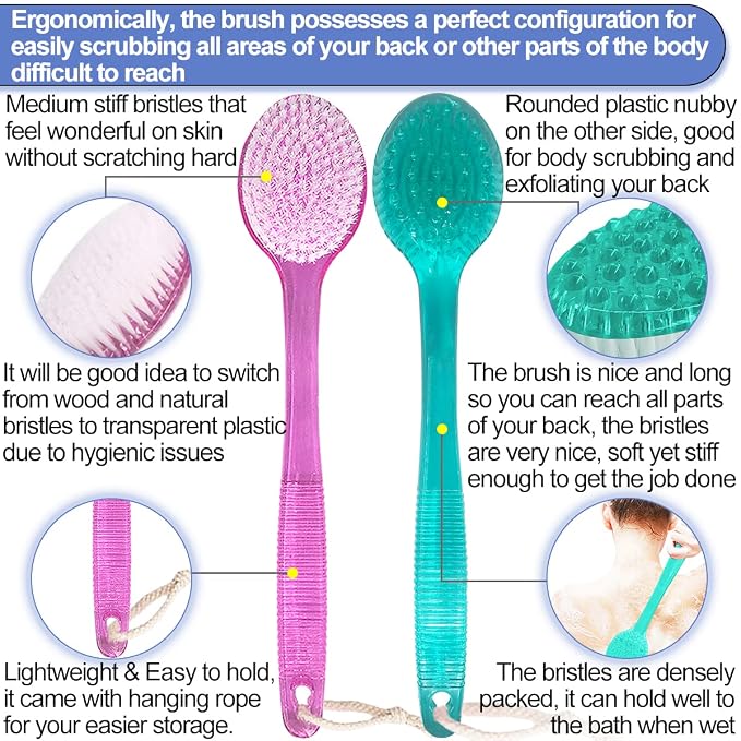 Back Brush for Shower, 14-inch Long Handle Medium Stiff Bristles Bath Scrubber - Image 4