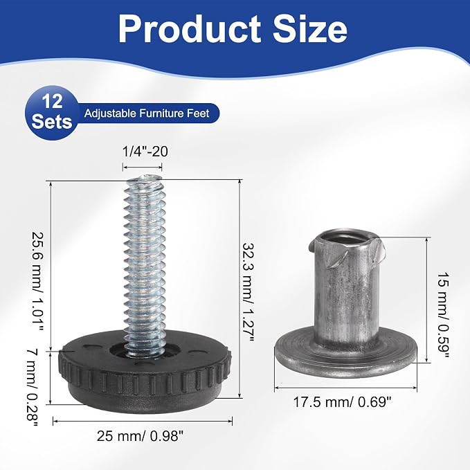 uxcell 1/4"-20 Thread Furniture Feet Levelers, 12Set 25.6mm L Adjustable - Image 2
