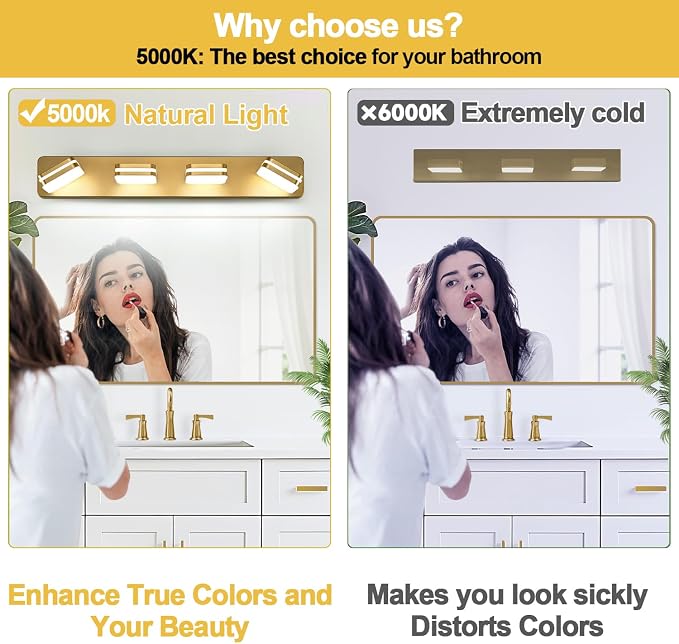 360° Rotate LED Dimmable Bathroom Vanity Light Fixtures, 1600LM Acrylic Gold - Image 3
