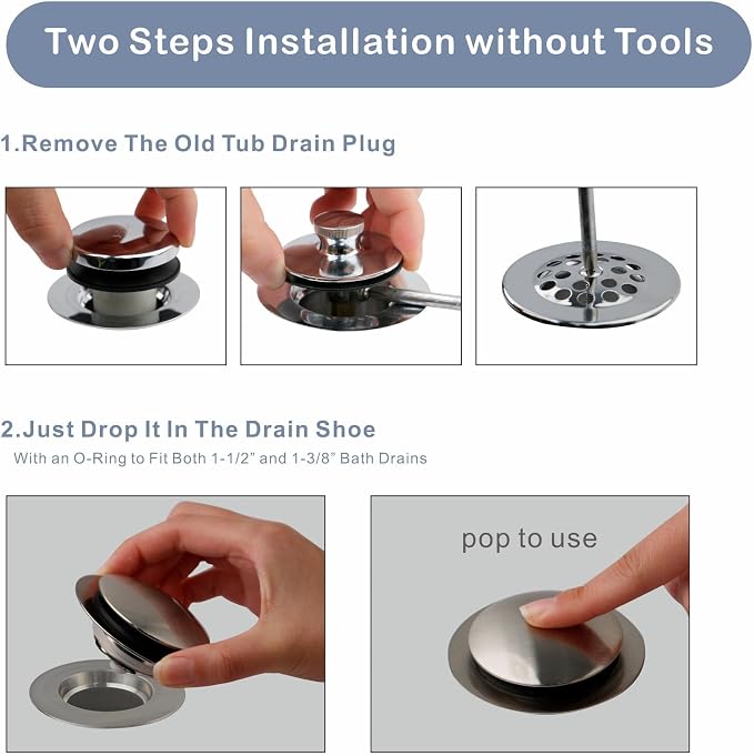 Brushed Bathtub Drain Stopper, Universal Pop Up Bath Drain, Hidrop Tip Toe Tub - Image 7