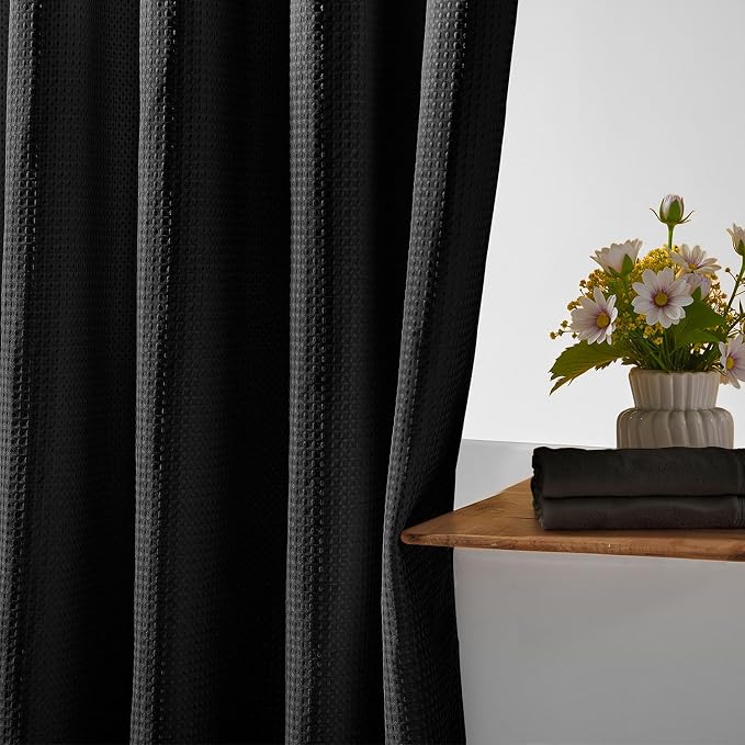 River Dream Black Shower Curain No Hooks Dotted Waffle Weave Shower Curtain - - Image 9