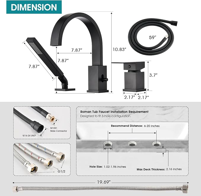 Brass Roman Tub Faucet with Sprayer, Deck Mount Bathtub Faucet with Hand Shower - Image 8