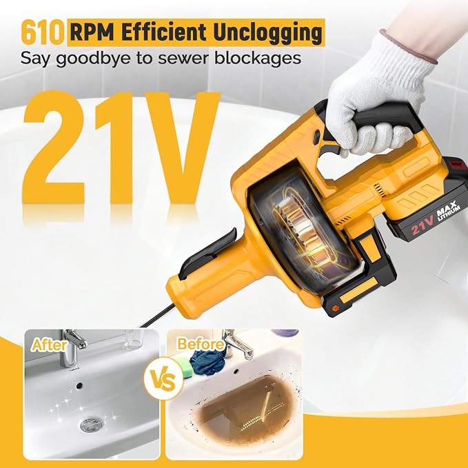 Electric Drain Auger, 21V Cordless Drain Snake, 25Ft Auto-Feed Snake Drain Hair - Image 2