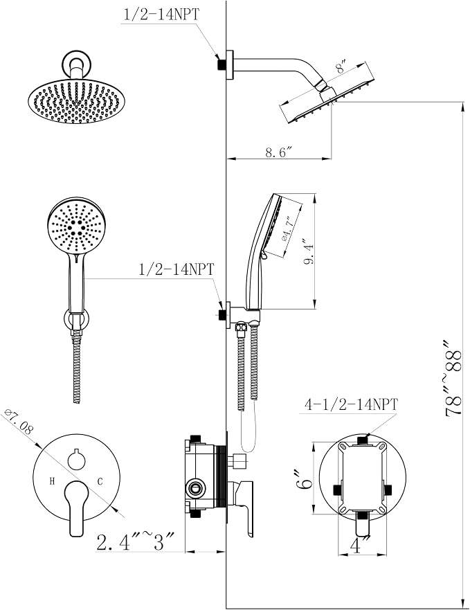 Shower Faucet Set Brass 8IN Rough-In Valve Body Trim Kit Rainfall Included - Image 7