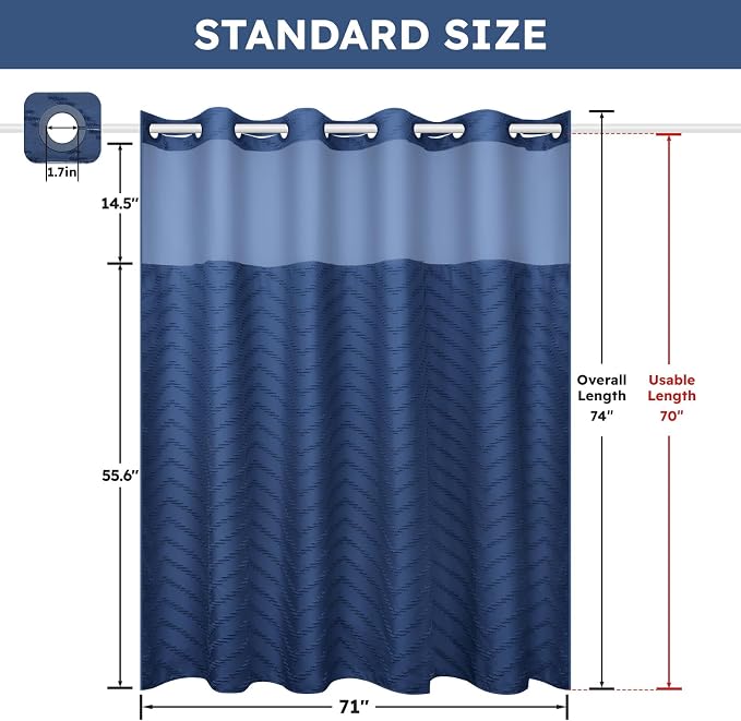 No Hook Shower Curtain and Snap in Liner Set Navy Blue Tufted Chevron Striped - Image 5