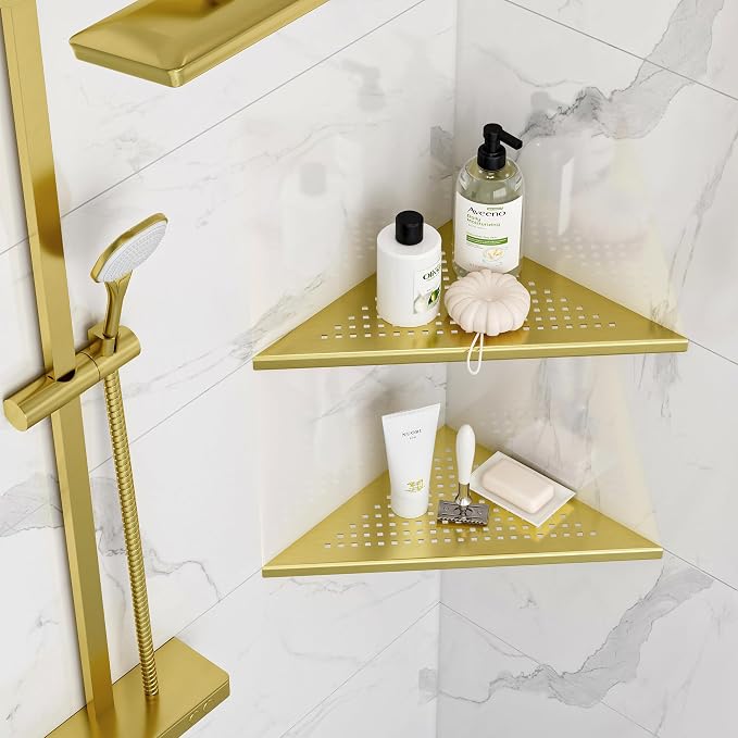 Neodrain 12 Inch Golden Corner Wall Shelf Set of 2, Floating Corner Shelves - Image 3