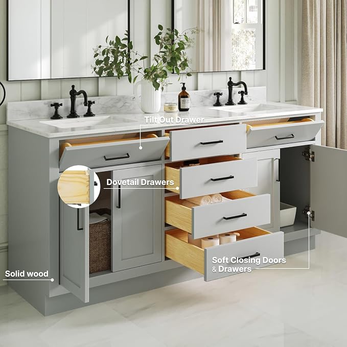ARIEL Double Bathroom Vanity 73" Grey, Italian Carrara Marble Countertop & - Image 3