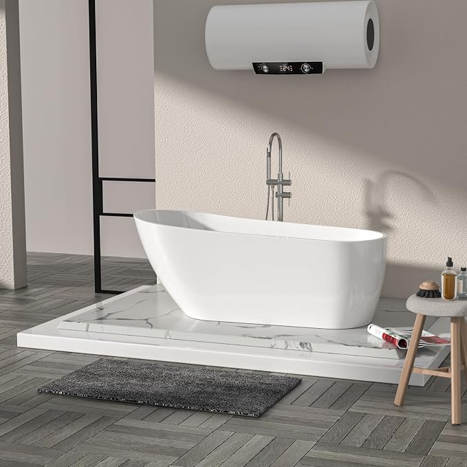 Logmey 67 Inch White Acrylic Freestanding Bathtub Oval Shape Soaking Tub - Image 4