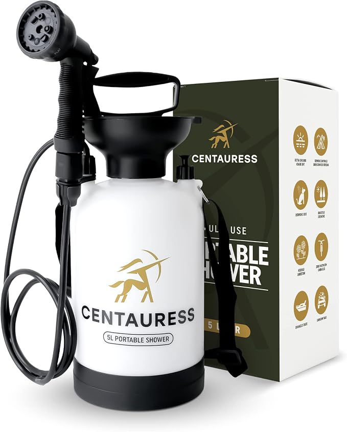 Portable Camping Shower Pump w/ Showerhead Holder and Safety Valve by Centauress