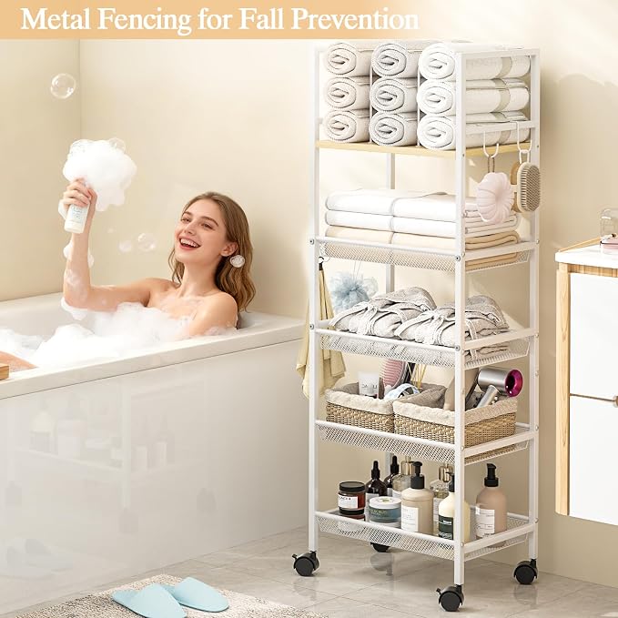 5-Tier Bathroom Storage Shelf, Mobile Metal Free Standing Shelving Unit - Image 3