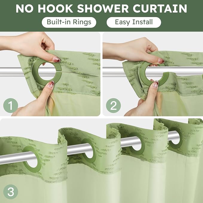 No Hook Shower Curtain and Snap in Liner Set Sage Green Tufted Chevron Striped - Image 2