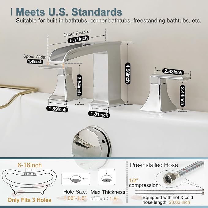 Brass Roman Tub Faucets, High Flow Waterfall Deck Mount Bathtub Faucet Set - Image 5