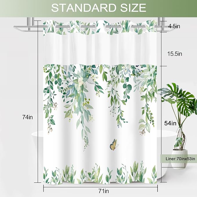 No Hook Shower Curtain and Liner Set, Light Green Eucalyptus Floral Shower - Image 5
