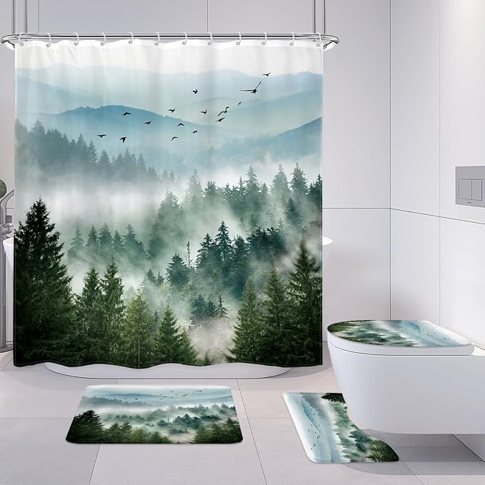 Riyidecor 4PCs Shower Curtain Sets Green Bathroom Curtain by Riyidecor