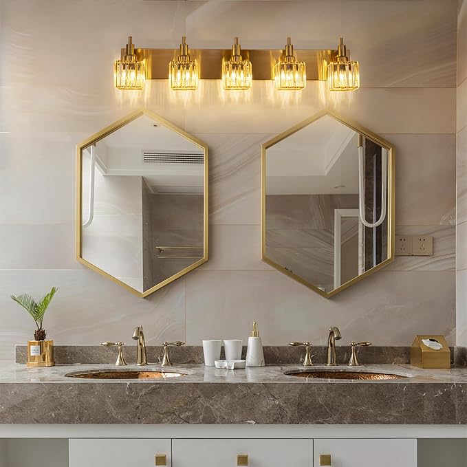 Gold Bathroom Vanity Lights, 5 Lights Crystal Bathroom Lighting Fixtures Over - Image 6